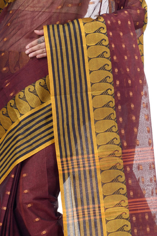 Brown Pure Cotton Moti_Buti Tant Saree (747)